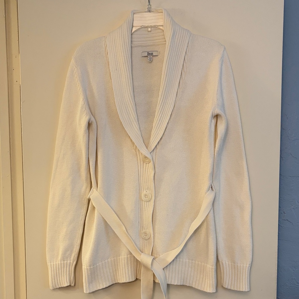 Vintage Bass Cream Button Down Cardigan with Tie, size small, grandpa core‎